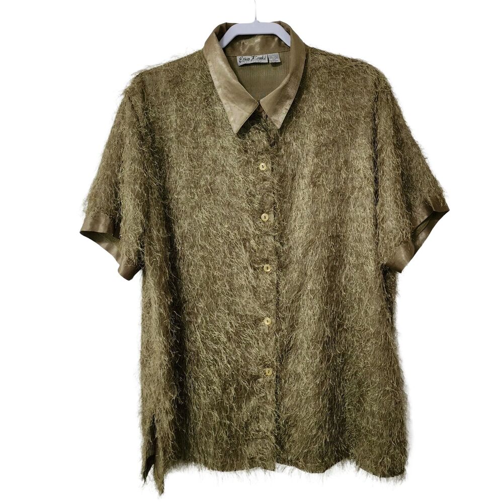 Erica Brooke Collection Womens 20 Evening Button Up Shirt Olive Green Fuzzy EUC